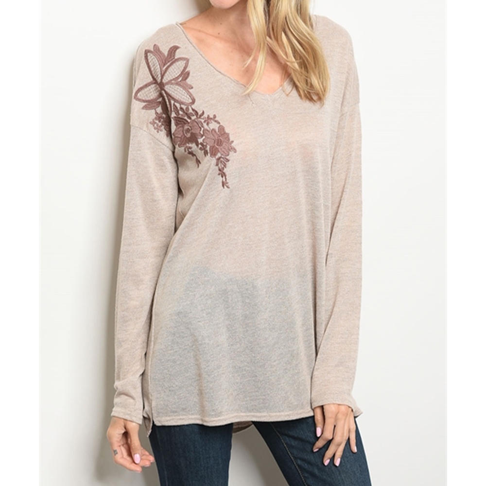 Oatmeal Long Sleeve Embroidery Detail Knit Top